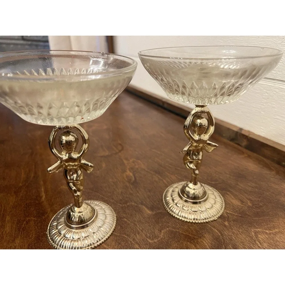 Pair Vintage Pedestal Angel/Fairy Compote Hollywood Regency Trinket Candle Dish
